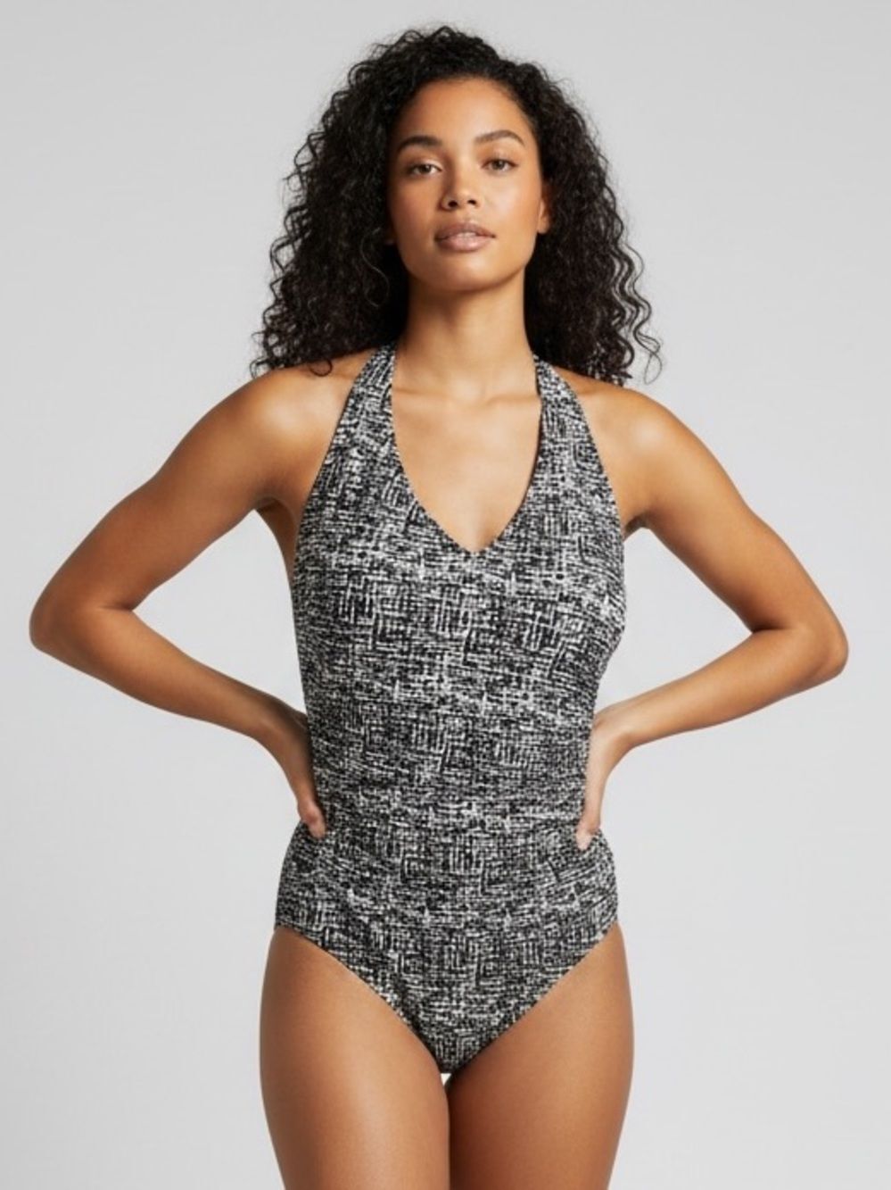 SPEEDO High V-Neck Black & Cream Graphic One Piece Size 10
